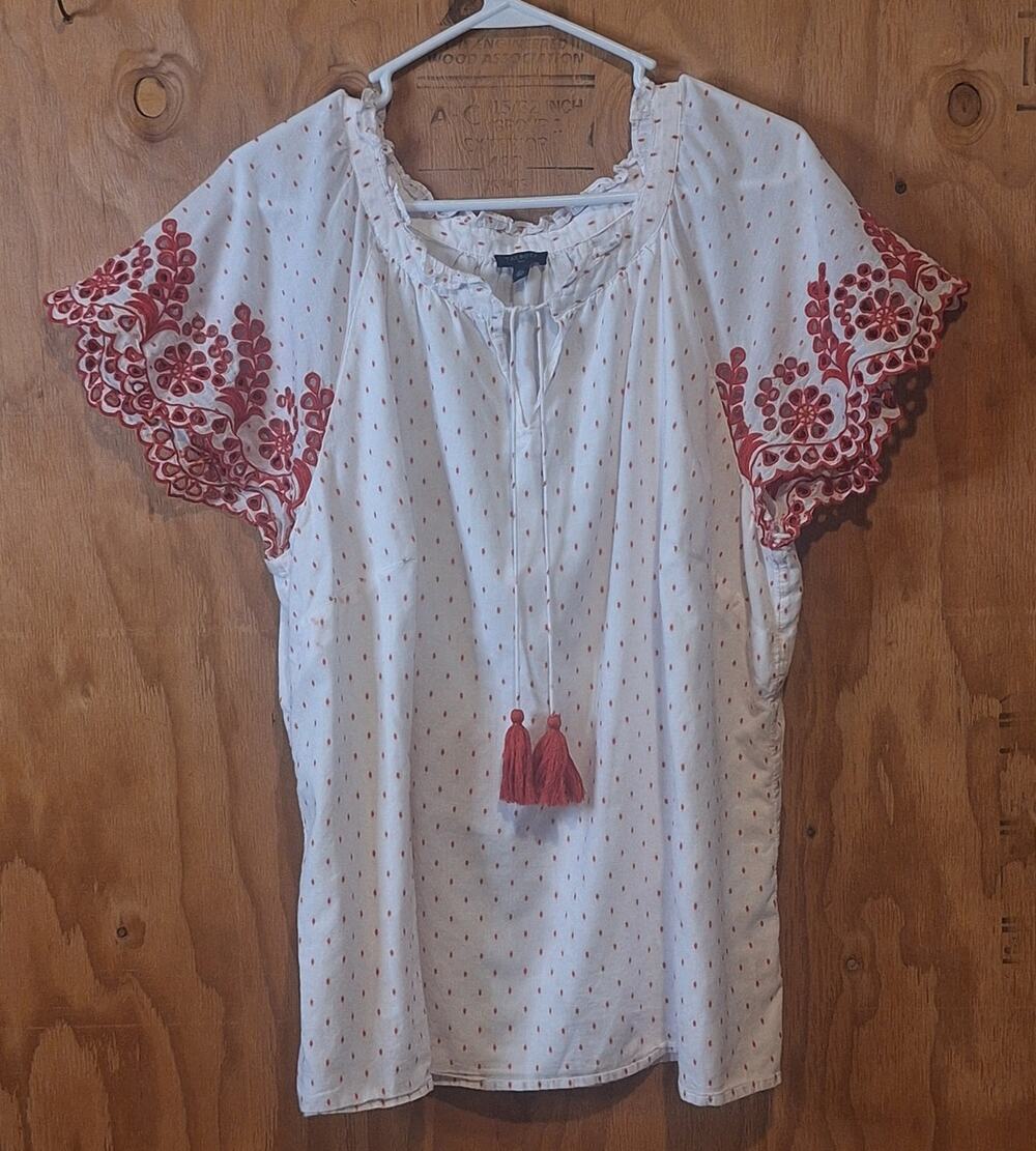 Talbots Shirt Womens 2X White Red Eyelets Tasseled Lined Dotted Bohemian Summer - Picture 1 of 8
